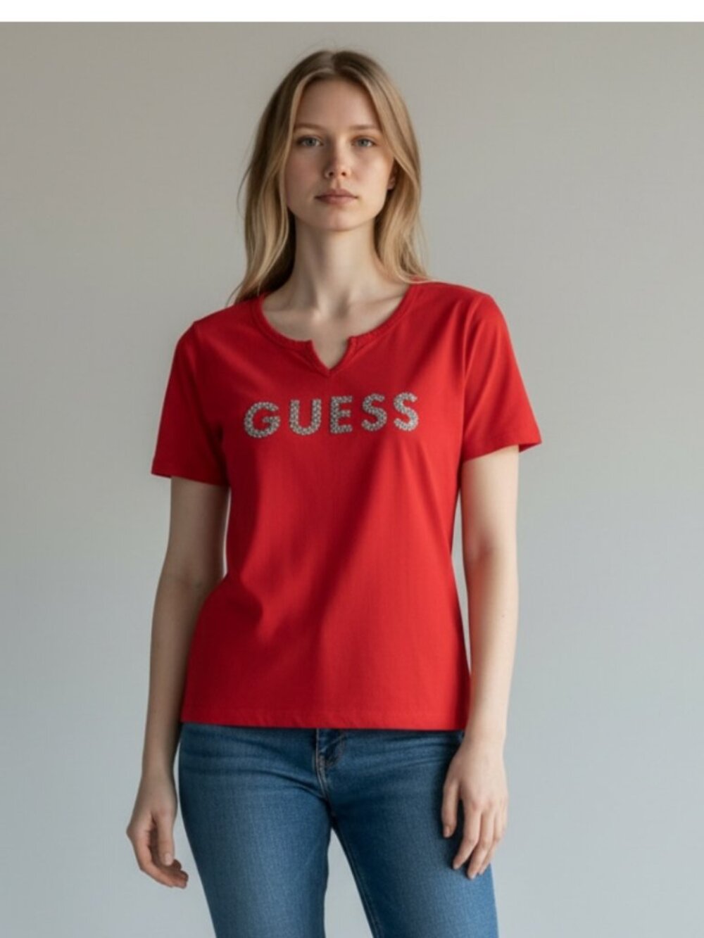 Sparkly Guess T-Shirt, Medium, Cherry Red, V-Neck
